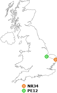 map showing distance between NR34 and PE12