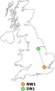 map showing distance between NW1 and DN1