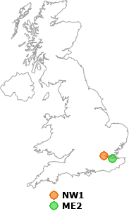 map showing distance between NW1 and ME2