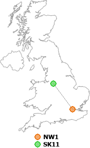 map showing distance between NW1 and SK11
