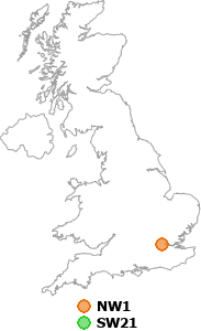 map showing distance between NW1 and SW21