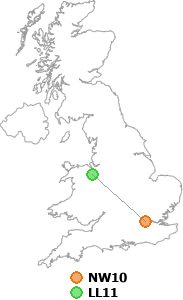 map showing distance between NW10 and LL11