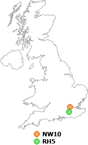 map showing distance between NW10 and RH5