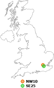 map showing distance between NW10 and SE25