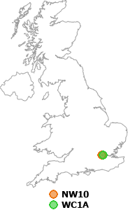 map showing distance between NW10 and WC1A