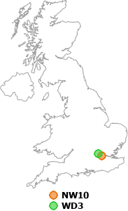 map showing distance between NW10 and WD3