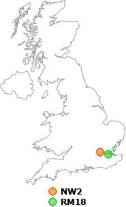 map showing distance between NW2 and RM18