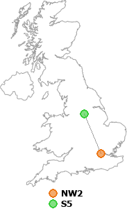 map showing distance between NW2 and S5