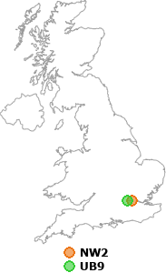 map showing distance between NW2 and UB9