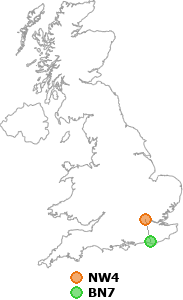 map showing distance between NW4 and BN7