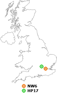 map showing distance between NW6 and HP17
