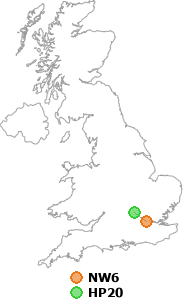 map showing distance between NW6 and HP20
