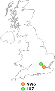 map showing distance between NW6 and LU7