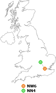 map showing distance between NW6 and NN4
