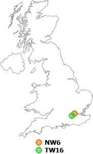 map showing distance between NW6 and TW16
