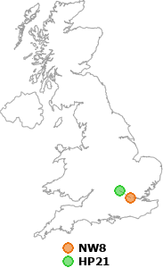 map showing distance between NW8 and HP21