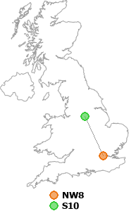 map showing distance between NW8 and S10