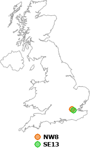 map showing distance between NW8 and SE13