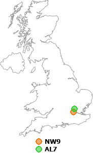 map showing distance between NW9 and AL7