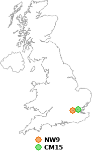 map showing distance between NW9 and CM15
