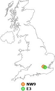 map showing distance between NW9 and E3