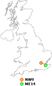 map showing distance between NW9 and ME14