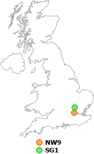 map showing distance between NW9 and SG1