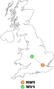 map showing distance between NW9 and WV4