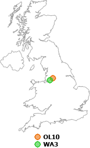map showing distance between OL10 and WA3