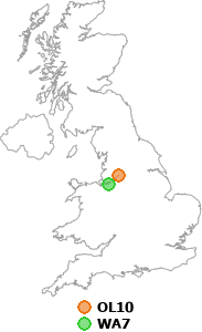 map showing distance between OL10 and WA7