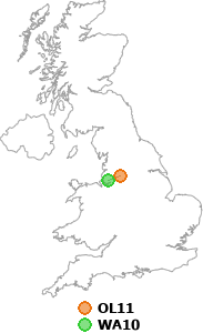 map showing distance between OL11 and WA10