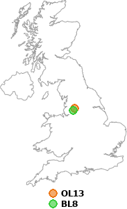 map showing distance between OL13 and BL8