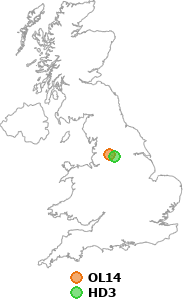 map showing distance between OL14 and HD3