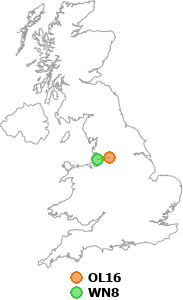 map showing distance between OL16 and WN8