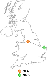 map showing distance between OL6 and NR5