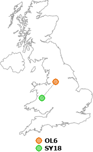 map showing distance between OL6 and SY18