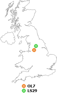 map showing distance between OL7 and LS29
