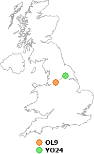 map showing distance between OL9 and YO24