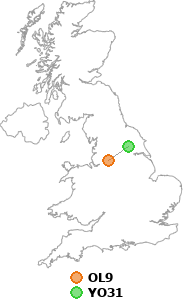 map showing distance between OL9 and YO31