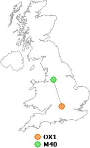 map showing distance between OX1 and M40