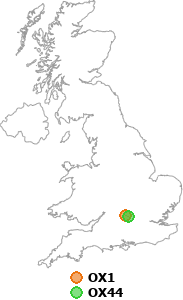 map showing distance between OX1 and OX44