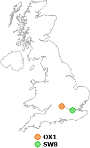 map showing distance between OX1 and SW8