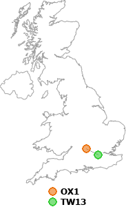 map showing distance between OX1 and TW13