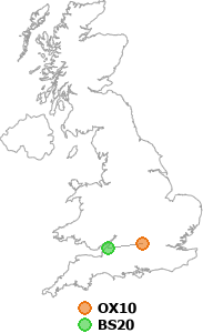map showing distance between OX10 and BS20