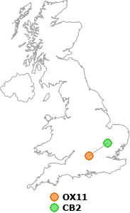 map showing distance between OX11 and CB2