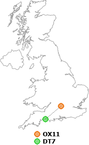 map showing distance between OX11 and DT7
