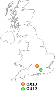 map showing distance between OX13 and GU12