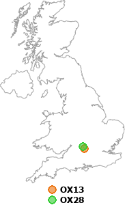 map showing distance between OX13 and OX28