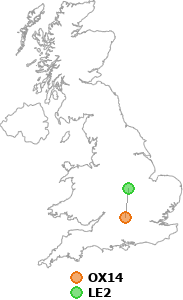 map showing distance between OX14 and LE2