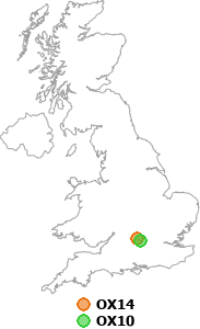 map showing distance between OX14 and OX10